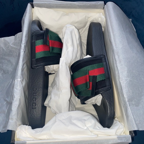 ❌SOLD❌GUCCI WEB BOW RED & GREEN SATIN/RUBBER SANDALS SLIDES SZ 11 US 41 W/BOX - Picture 4 of 10